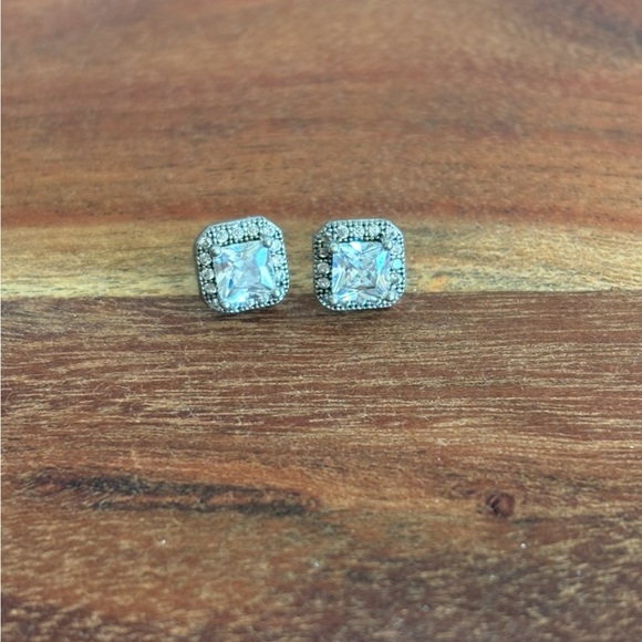 925 Silver Princess Cut CZ Stud Earrings for Women Square Halo Diamond - Picture 2 of 5